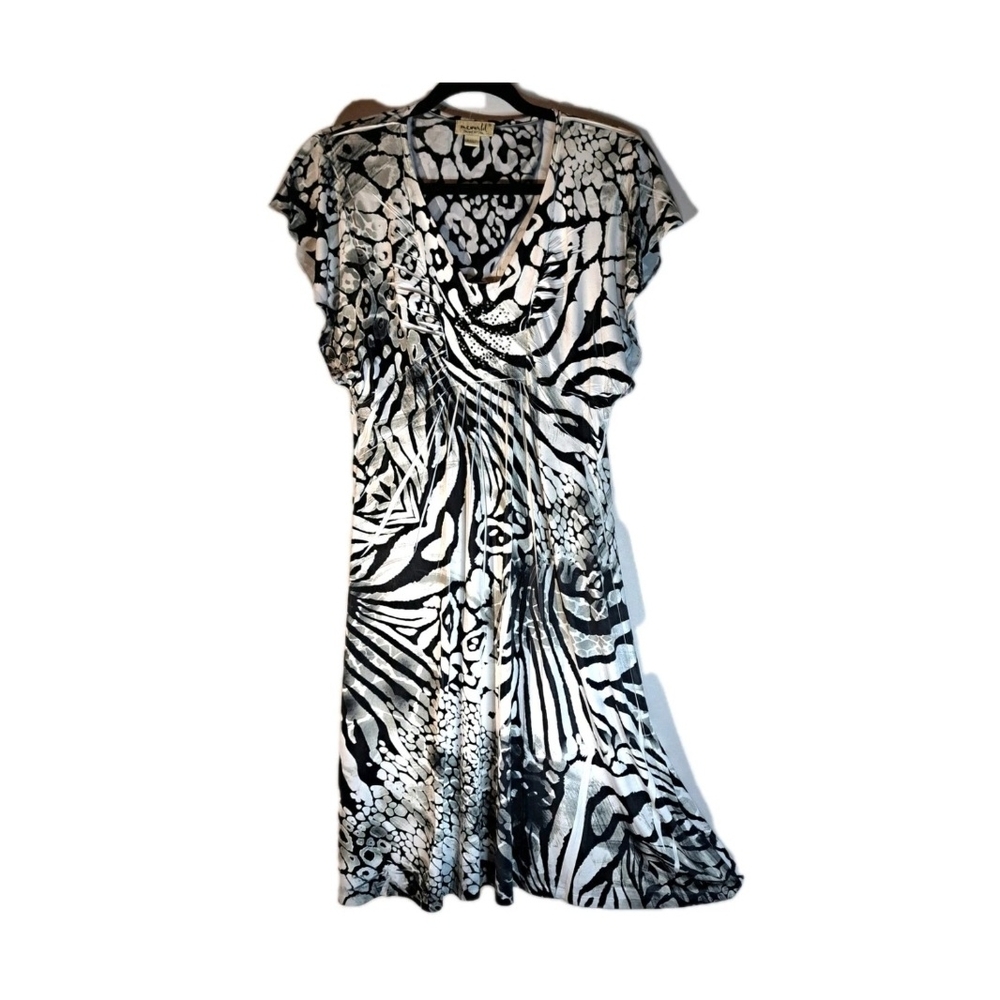 ONE WORLD Black & White Animal-Print Midi Dress Live And Let Live Size Small